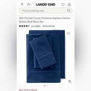 Lands' End Deep Blue Supima Cotton Sateen Sheets